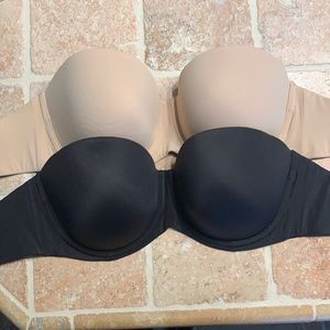 Two strapless bras. Black and nude True and Co strapless bras with straps